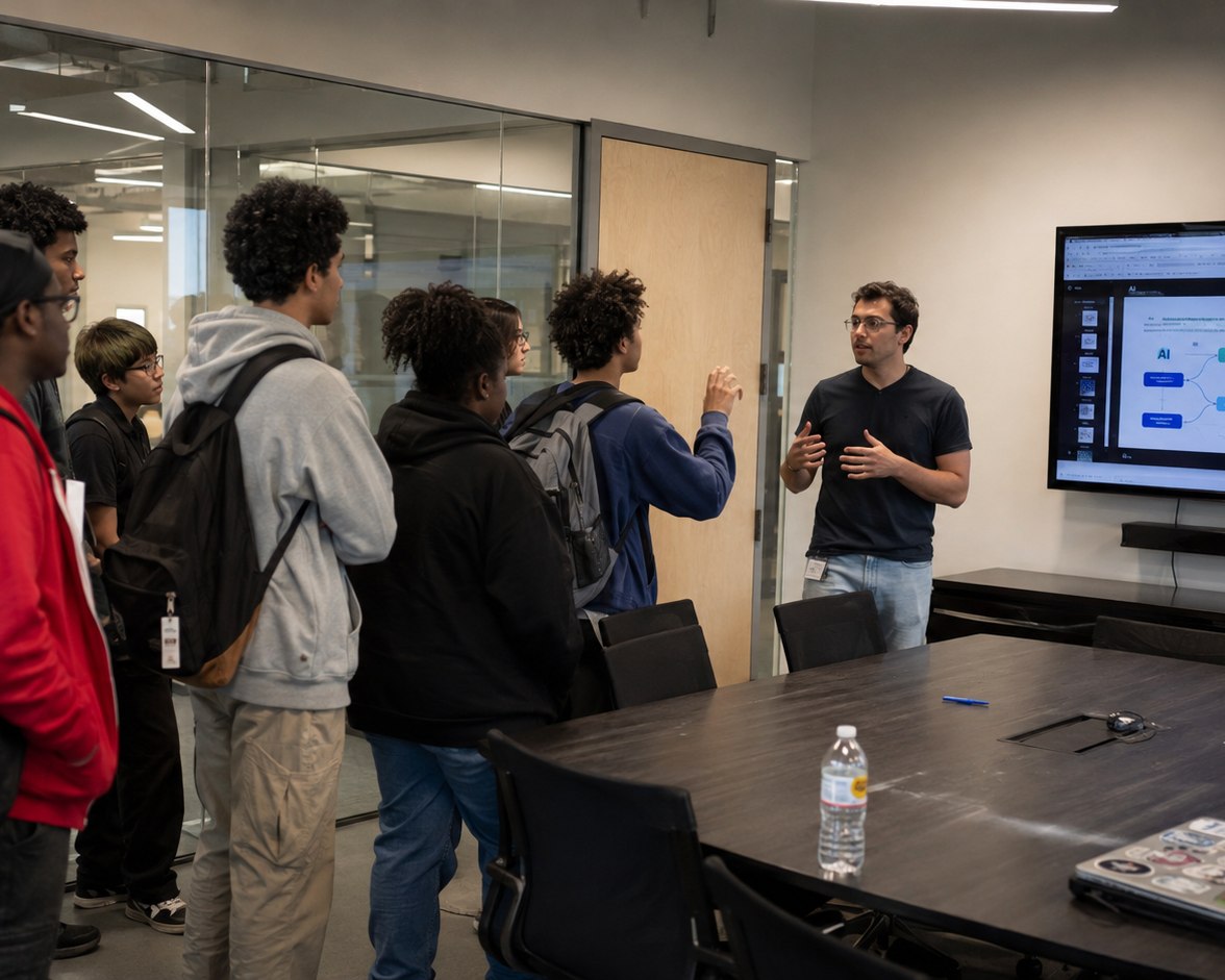 Students on a Terviq AI Access Visit listening to a presenter explain an AI system in a tech company conference room