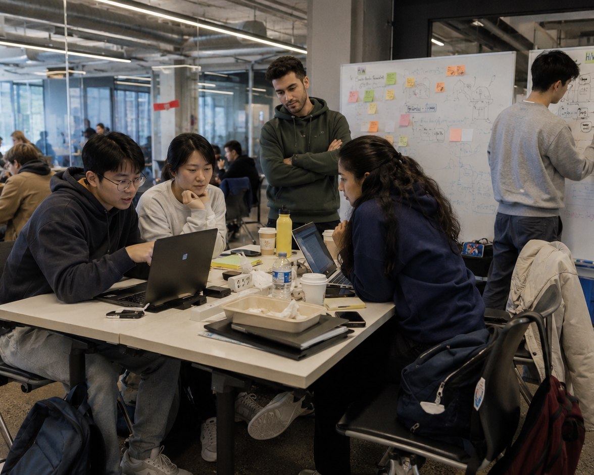 Students collaborating on laptops at a shared table in a tech workspace, with whiteboards full of engineering diagrams in the background