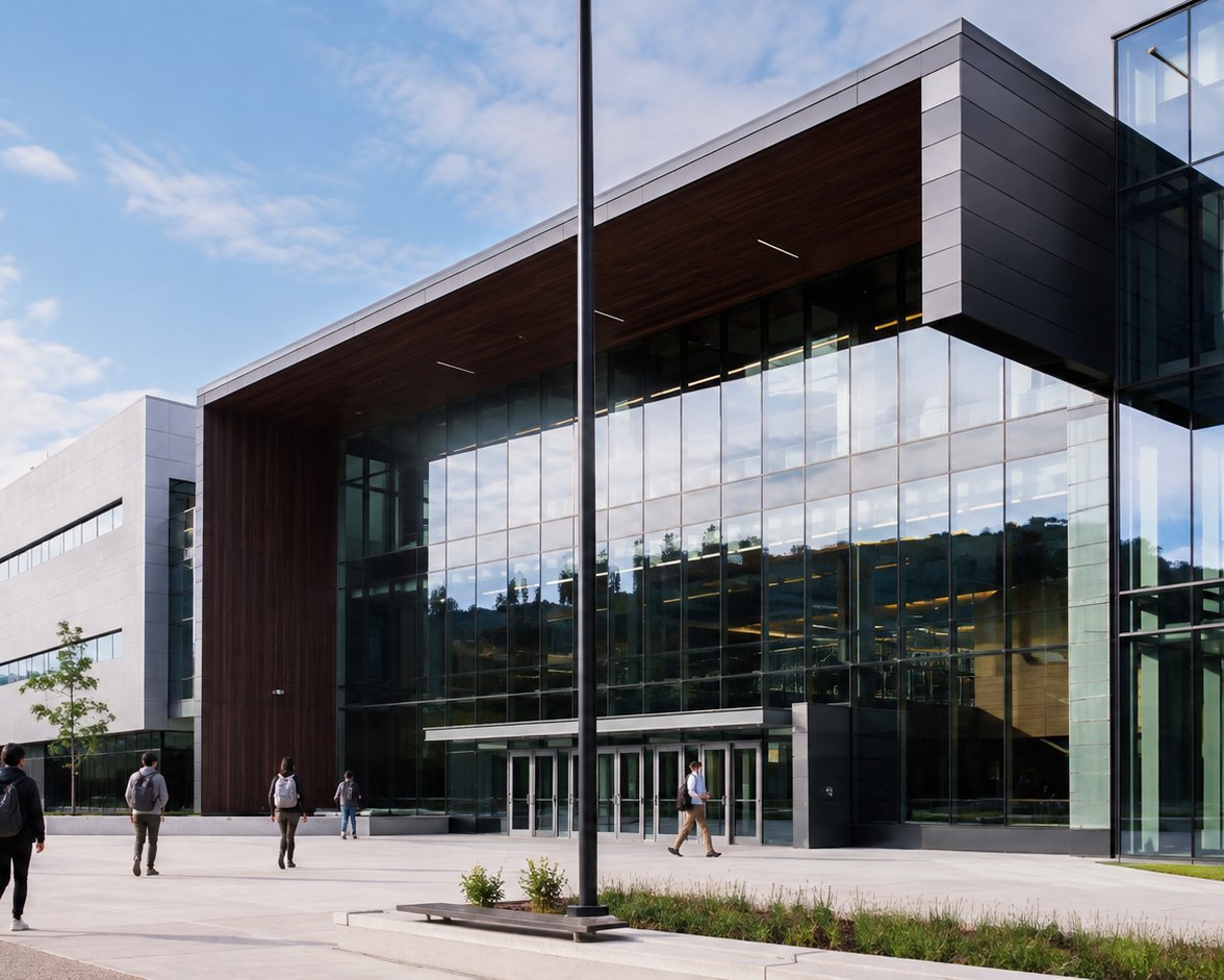 Students walking toward a modern glass-fronted technology campus building